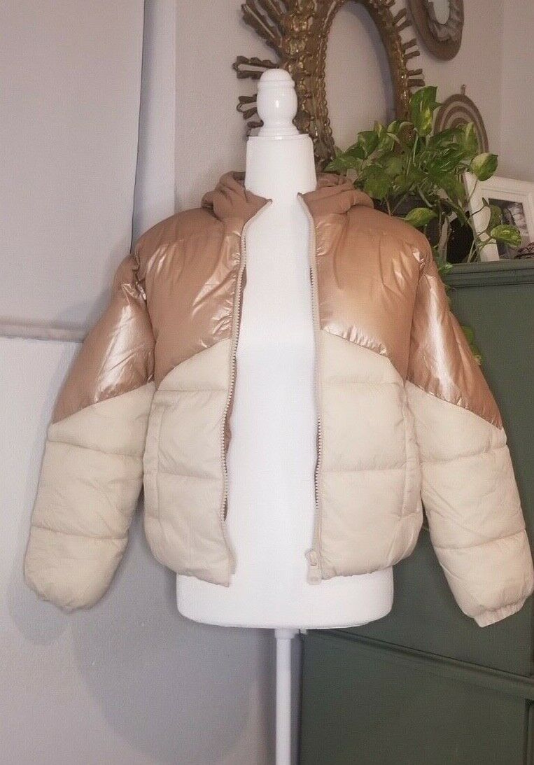Zara Unisex Hooded Block Color Puffer Jacket Light Ecru / Ivory 13 14 Years Old